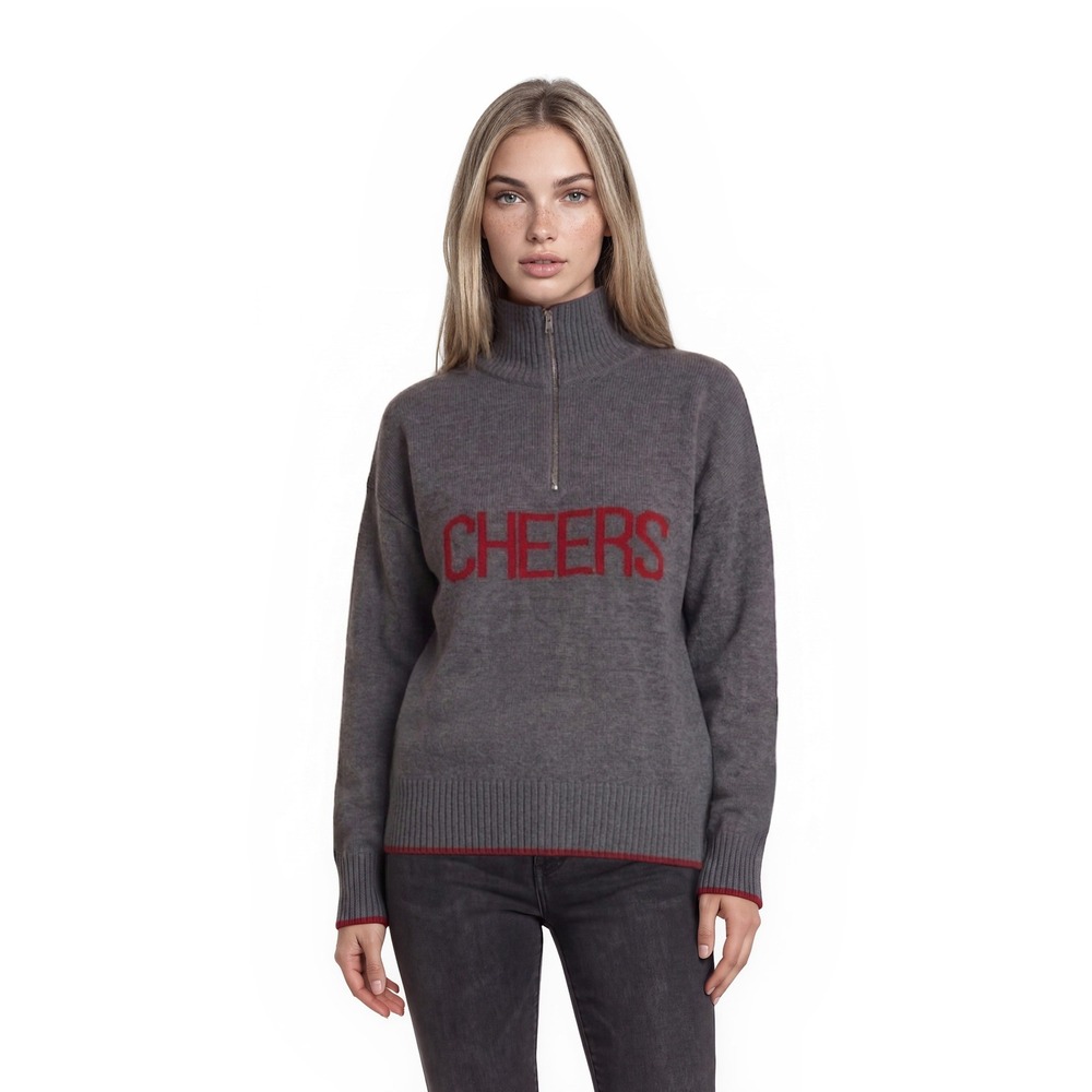 Elan Cheers Sweater Womens Size Medium Gray Red Quarter Zip Knit Turtleneck Cozy
